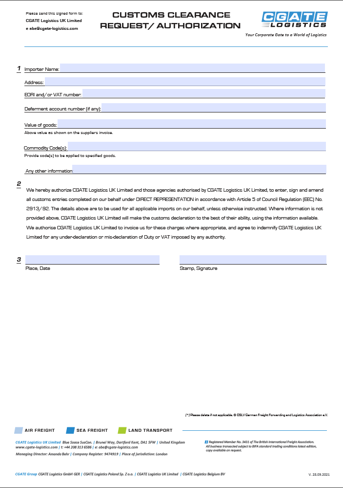 CGATE Formular customs clearance request 2
